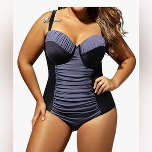 ADEWEL Eiffel Women's Plus Size Color Block Ruched One Piece Swimsuit